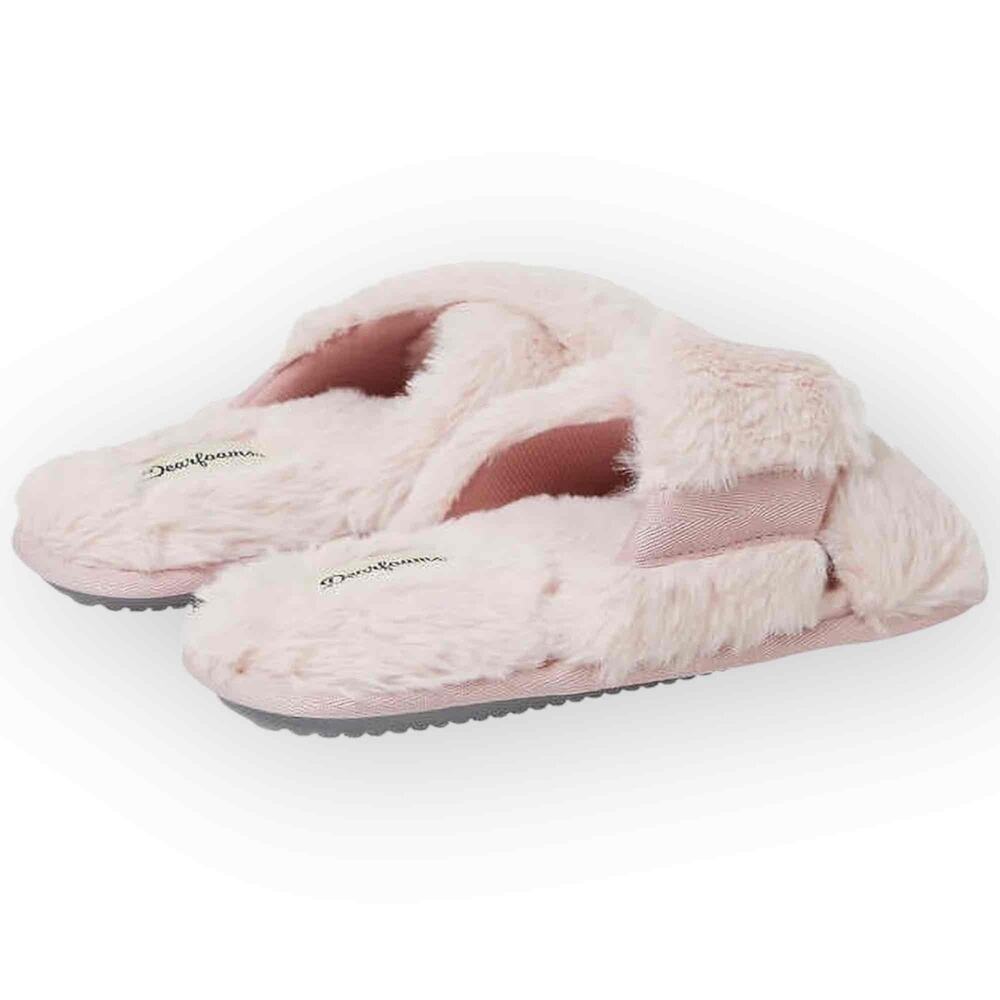NWT Dearfoams Women’s Jessica Furry Cross Band Slide Slipper Pale Mauve Small - Picture 1 of 6